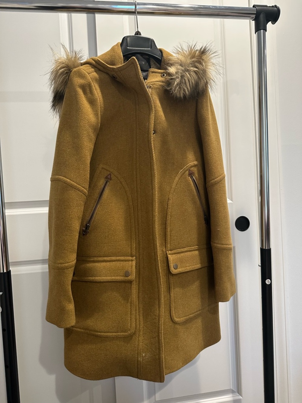 J. Crew Caramel Wool-Blend Hooded Trench Coat with Faux-Fur Trim